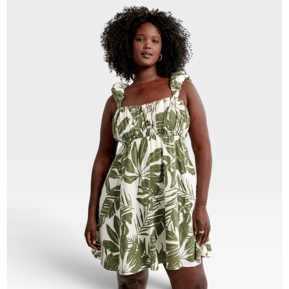 NWT Abercrombie & Fitch Green Linen Tropical Leaf Palm Mini Dress Size M $70 NEW